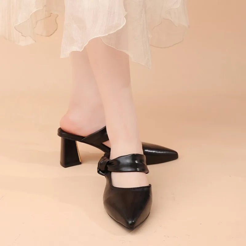 Pointed Toe Women's Slippers High Heels Shoes Woman Sandals 2026 Summer Elegant Chunky Shoes Slingback Flip Flops