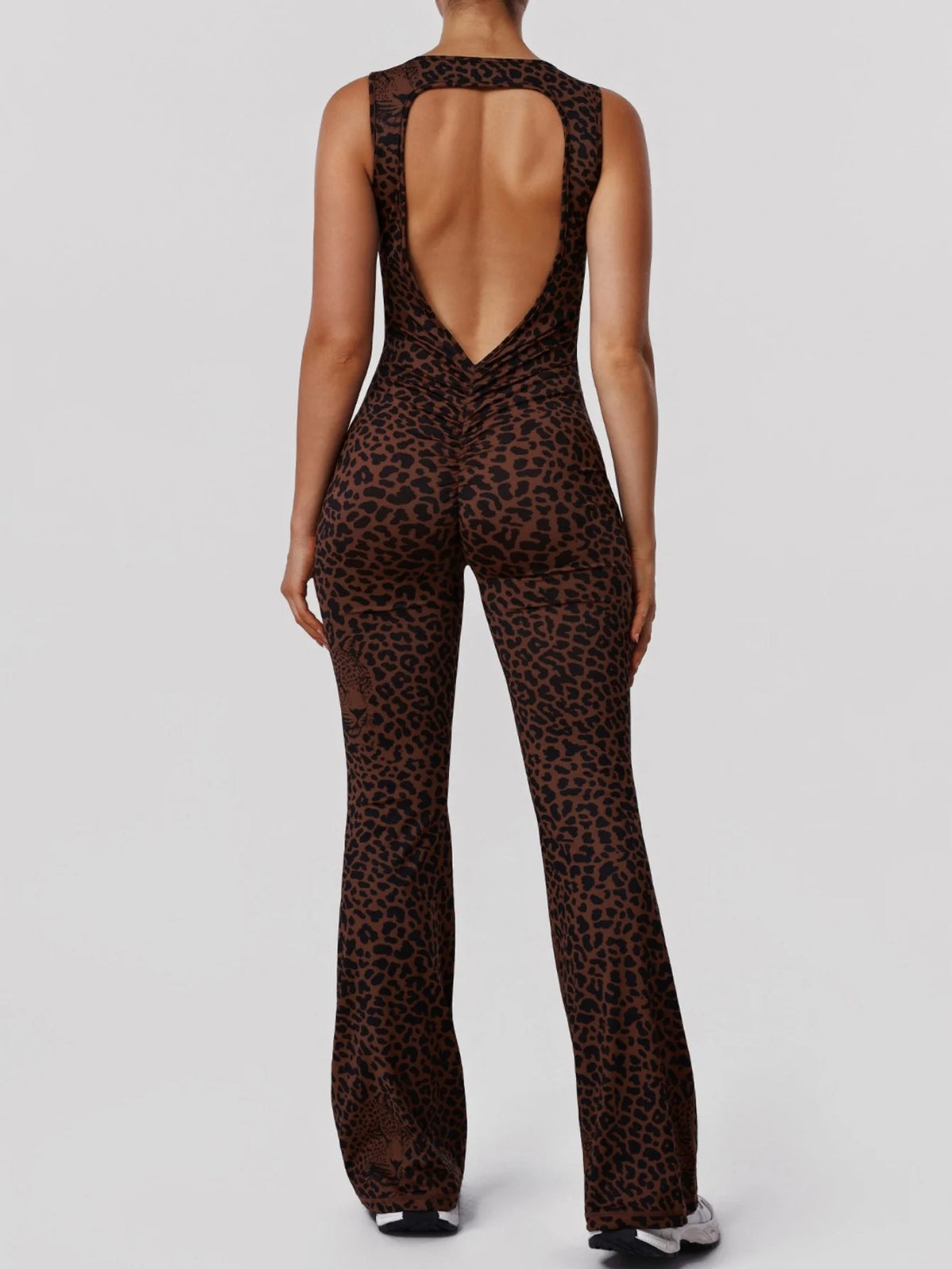 Sexy Brown Leopard Print Yoga Jumpsuit Women Hollow Out Backless Sleeveless Slim Gym Running One Piece Flare Pants Sports Suit