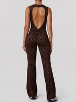Sexy Brown Leopard Print Yoga Jumpsuit Women Hollow Out Backless Sleeveless Slim Gym Running One Piece Flare Pants Sports Suit