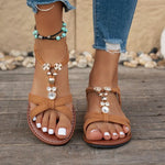 Pearl Flower Decor Bohemian Sandals Women Lightweight Flat Heels Casual Sandals Woman 2026 Summer Comfort Non Slip Beach Shoes