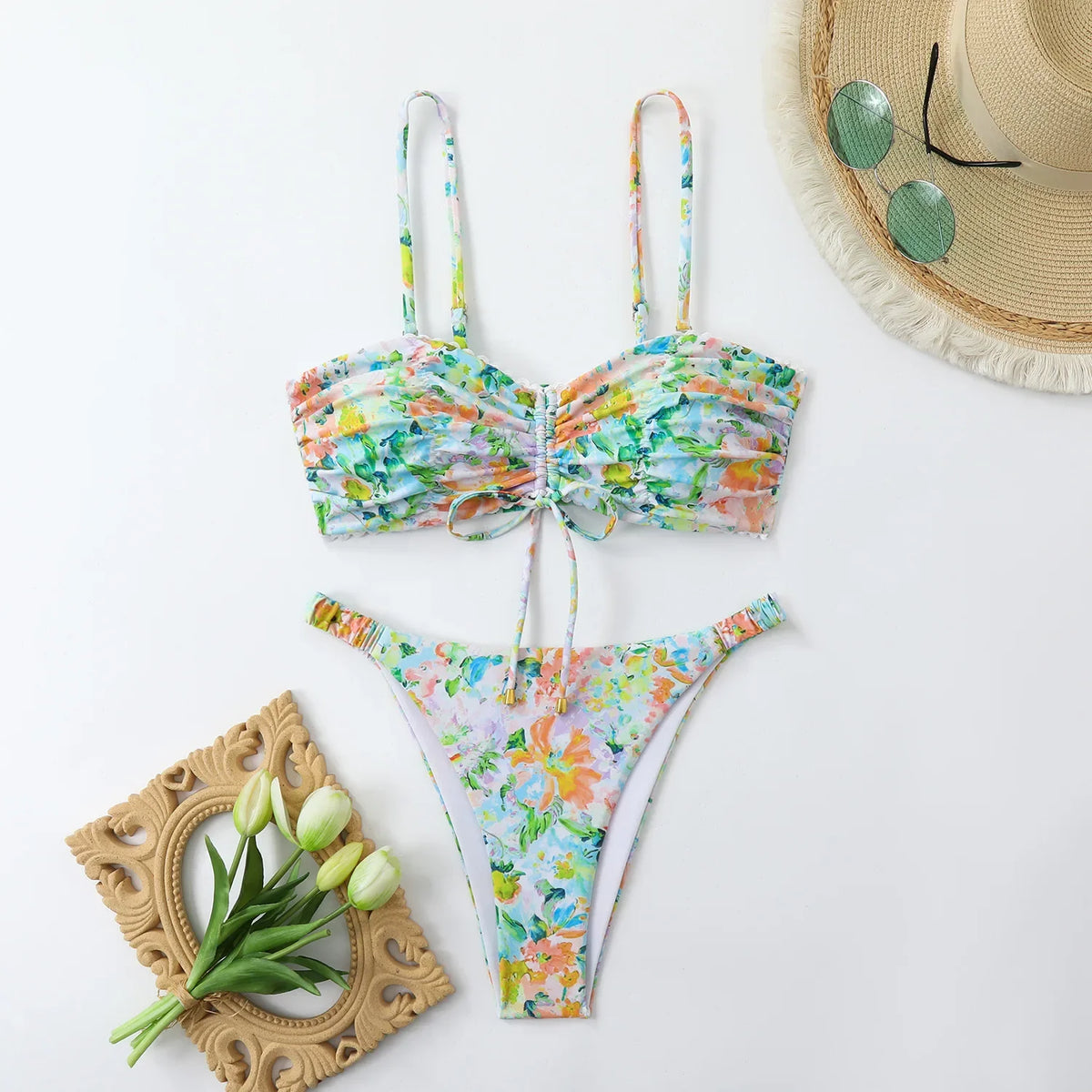New Sexy Floral Print Bandeau Bikini 2026 Women Swimwear Female Swimsuit Two Pieces Thong Bikini Set Bather Bathing Suit Beach