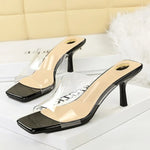 BIGTREE Sexy Silver PVC Transparent Crystal Womens Slippers 2026 Summer Square Toe Thin High Heels Sandals Ladies Shoes
