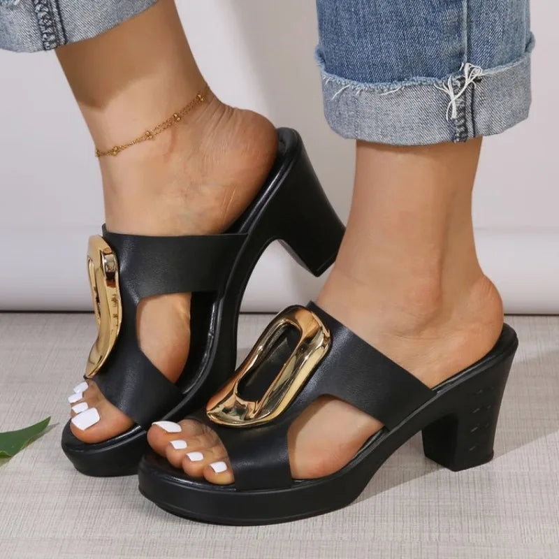 Thick High Heel Sandals Women Summer 2026Outdoor Slippers Plus Size Women Elegant Sandals