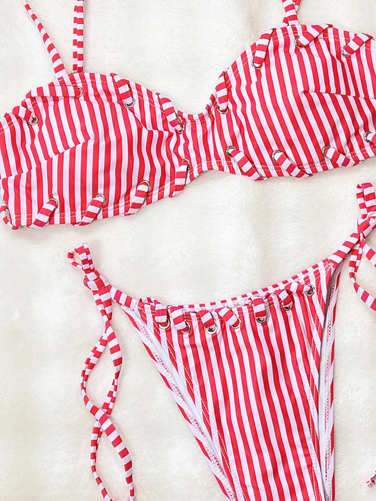 Sexy Pink Stripe Bikini Set Women Halter Braiding Rope Push Up Bra Bandage Thong Swimsuit 2026 Holiday Bathing Suit Swimwear