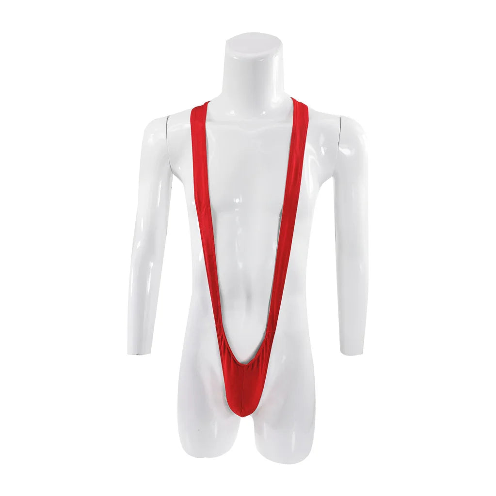 DEKA Mens Glossy Mankini One-Piece Swimsuit Bulge Pouch Thongs V-Shaped Suspender Bodysuit Hollow Out Swimwear Underwear Clubwea