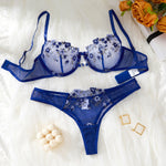 Women's Royal Blue Floral Embroidery Lingerie Set Half Cup Push Up Bra And Thong Sheer Mesh Lace Comfortable SexyUnderw ZA824026