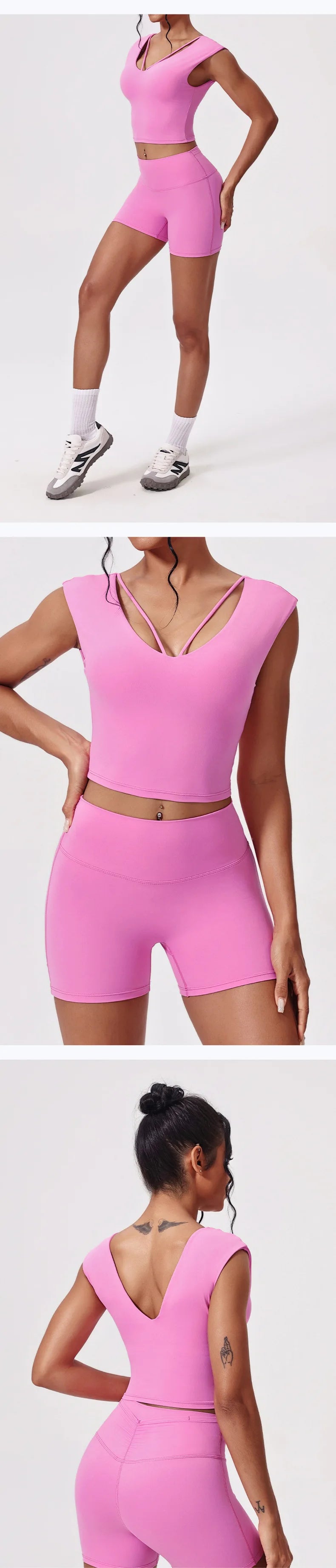 Naked Yoga Sets Women Gym V Neck Slim Sports Vest High Waist Shorts 2 Piece Fitness Suits Outwear Running Workout Tracksuit