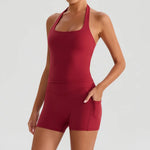 Yoga Shorts Sets Women Hanging Neck Hollow Back Sports T Shirts Sportsuit Gym High Waist Pocket Pants Fitness Workout Clothes