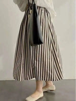 Retro Chic Solid Color Striped Skirt For Women In Summer, High Waisted And Slimming A-line Mid Length Umbrella Skirt Casual OHS8