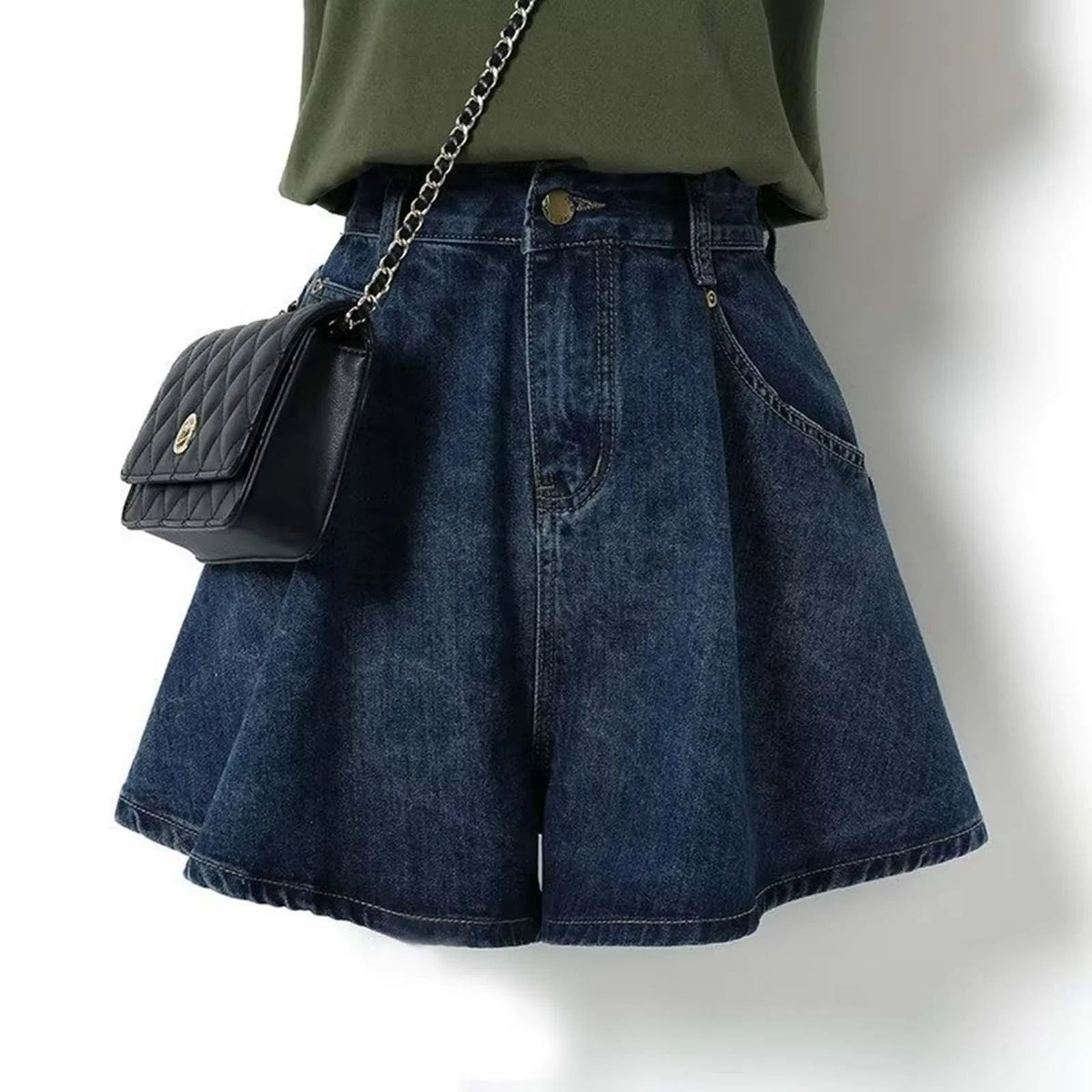 Pleated High Waist Denim Skirt Plus Size Denim Shorts For Women Summer Casual Wide Leg Slim A Line Skirt Elegant Girl Hot Pants