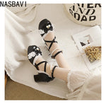 Women's Summer White Buckle Strap Sandals Pink Bowknot Pearls Cross Strap Shoes Black Ruffles High Heels Lady Lolita Party Shoes