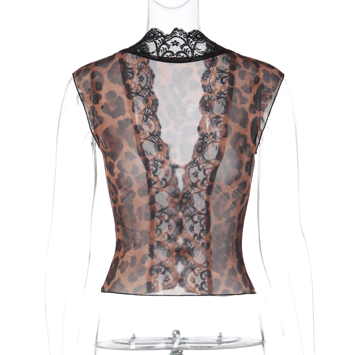 FDYOUI Women's Deep V-neck Lace Patchwork Mesh T-shirts 2026 Summer Sexy Sleeveless Buttons Leopard Tops Tee Shirt Streetwear