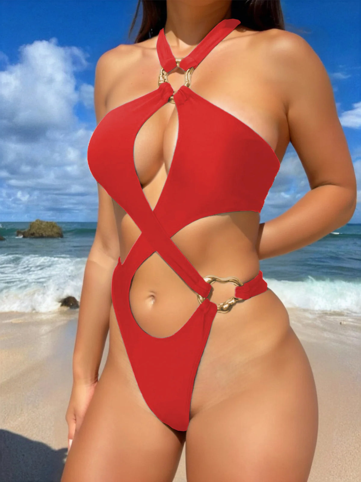 Shiny Blue Snakeskin Print One Piece Swimsuit Women 2026 Sexy Hollow Out Backless Metal Cross Bathing Suit Swimwear Monokini
