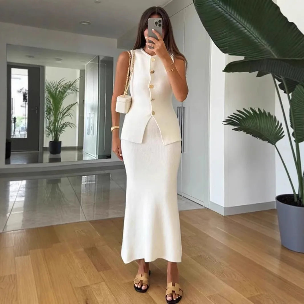 Simple Style Two Piece Set Woman New In Matching Sets Two Piece Outfits Sleeveless Tops Skirts Solid Color Temperament Commuting