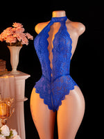 Adult Deep V-neck Hanging Neck Lace Flower Print Lingerie Solid Color Knitted Sexy Backless Underwear Women's Jumpsuit Clothing