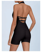 Summer Yoga Jumpsuit Back Hollow Out Bandage Pleate Pocket Shorts Sports One Piece Suits Butt Lifting Fitness Workout Bodysuit