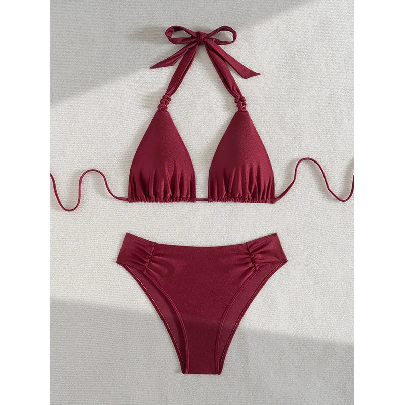 Wine Red High Waisted Bikini 2025 New Brazilian Biquini Triangle Swimsuit Women Beach Wear Bathing Suit Swimwear Female Summer