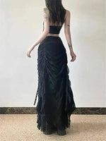 Y2K Lace Mesh Long Skirt Women Harajuku Vintage Patchwork Bandage Black Skirts Gothic Aesthetic High Waist Chic Long Skirts ODU6