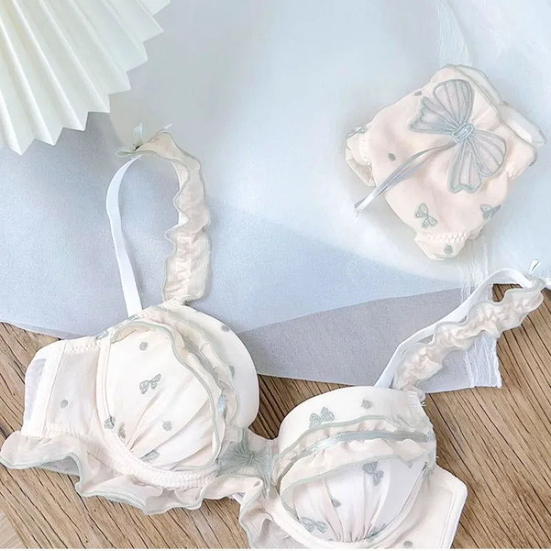 Japanese MOMOKO Butterfly Lingerie Set Wireless Bralette Sweet Pure Style Push Up Gathering Support for Small Chest No Underwire