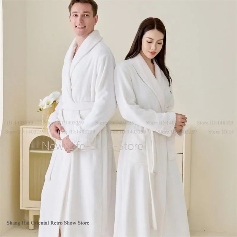 Couple Plus Size Winter Bathrobe Thick Coral Fleece Long Robe Soft Flannel Kimono Gown Loose Home Sleepwear Loungewear