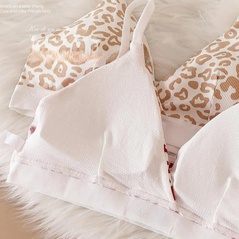 Women Push-Up Bra And Panties Set V-neck Non-wire Bra Low Waist Briefs Female Sexy Lingerie Cotton Leopard Print Underwear Set