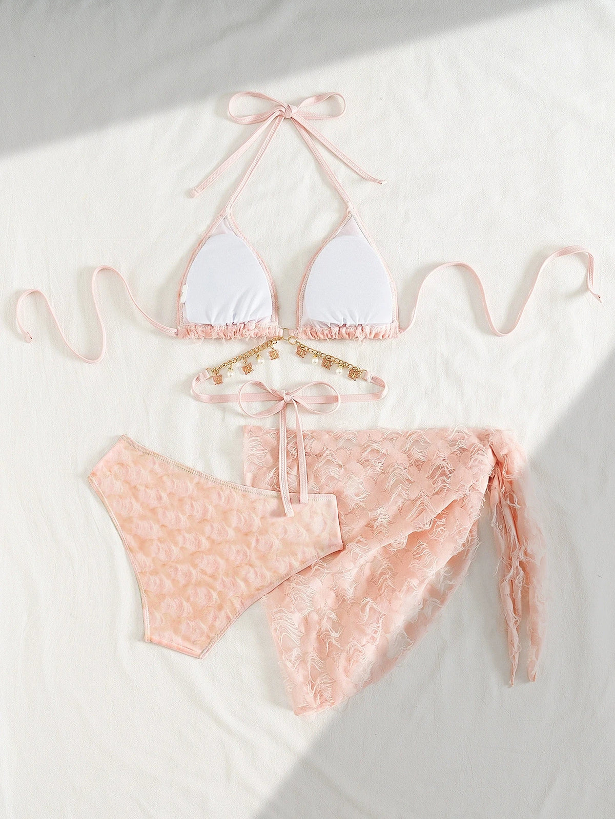 DEKA Pink Bikini Set Women Sexy 3-Piece Swimsuit Metal Chain Satin Female Swimwear New Fashion Korean Bathing Beachwear Holiday