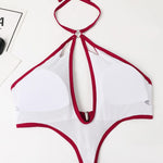 Solid Color One Piece Swimsuit Women 2026 Sexy Hollow Out Pearl Chain Bikini Halter Backless Thong Swimwear Beach Bathing Suit