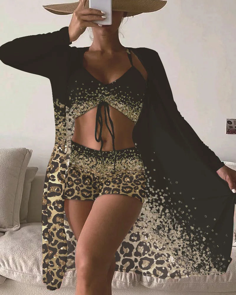 Women Bathing SuitPrint Leopard Bikinis 3 Pieces Swimsuit Kimono High Waist Bikini Shorts Long Sleeve Beach Cover Up Swimwear