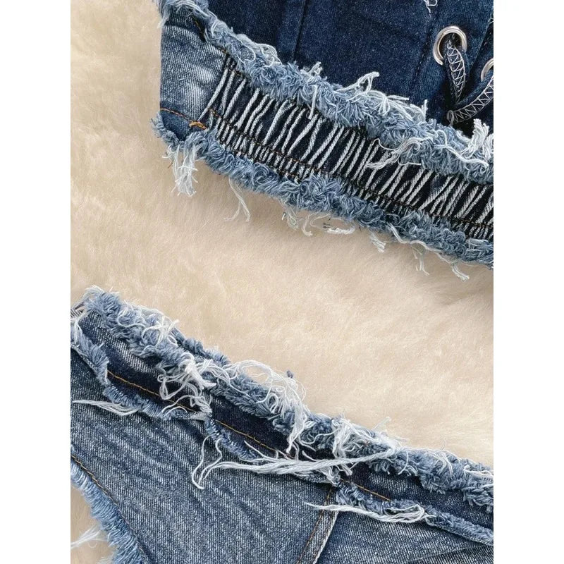 Bathing Suit Women Sexy Denim Suits Bikini Set Lace Up Drawstring Beachwear 2025 Solid Summer Vintage Two-pieces Swimwear