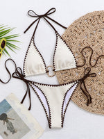 Sexy Beige Contrast Micro Bikini Women Metal Circle Push Up Bra Bandage Thong Swimsuit 2026 Summer Holiday Bathing Suit Swimwear