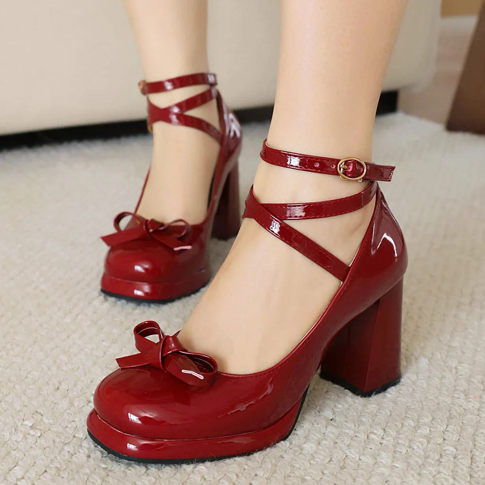 Big Size 43 Sweet Bow knot Mary Janes Shoes Cute Burgundy Ankle Strap Pumps Lolita Platform Block High Heels White Wedding Pumps