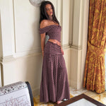 FDYOUI Woman Clothing Polka Dot Crop Tops and Lace-up Skirt Two Piece Sets Female Elegant Slash Neck Long Vacation Dresses Suit