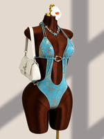 Sexy Blue Brozing Gradient One Piece Swimsuit Holiday Swimwear Women 2026 Metal Chain Hollow Out Backless Bandage Thong Bikini