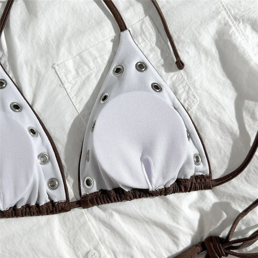 Sexy Black Rivet Holes Micro Bikini Thong Set Swimsuit Women 2026 String Halter Triangle Swimwear Bathing Suit Bikinis De Mujer