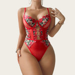 Sexy Bodysuit Rose Embroidery Red Mesh Bodycon Sleeveless Jumpsuit V-Neck See Through Sexy Lingerie Backless Teddy's Bodysuit