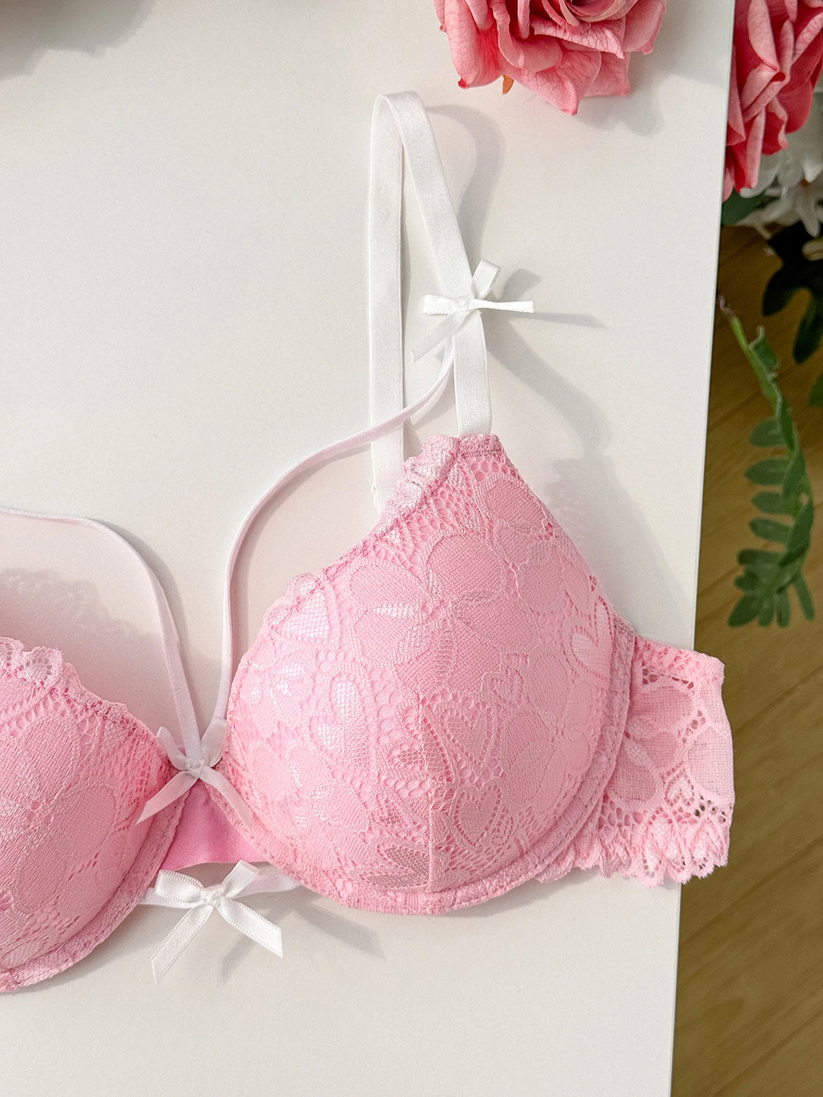 Sweet Lolita Women Bra Heart Floral Lace Underwire Push‑Up Bra Adjustable Strap Sexy Daily Lingerie