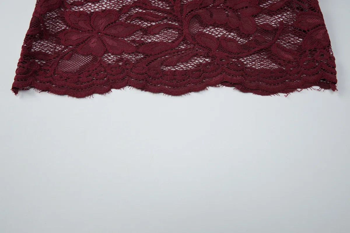 FDYOUI 2026 Spring Summer Wine Red Lace T-shirts for Women Slash Neck Slim Crop Tops Sexy Elegant See-through Short Tee Shirt