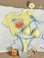 DEKA Women S -XL Printed Short Sleeve Bikini Female Swimsuit Yellow Swimwear Three-Pieces Bikini Set Bather Bathing Suit Swim