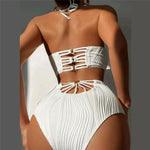 Sexy White High Waisted Bikini Set Women Ribbed Swimwear Push Up Swimsuit Halter Backless Crop Top Back Hollow Out Bathing Suit