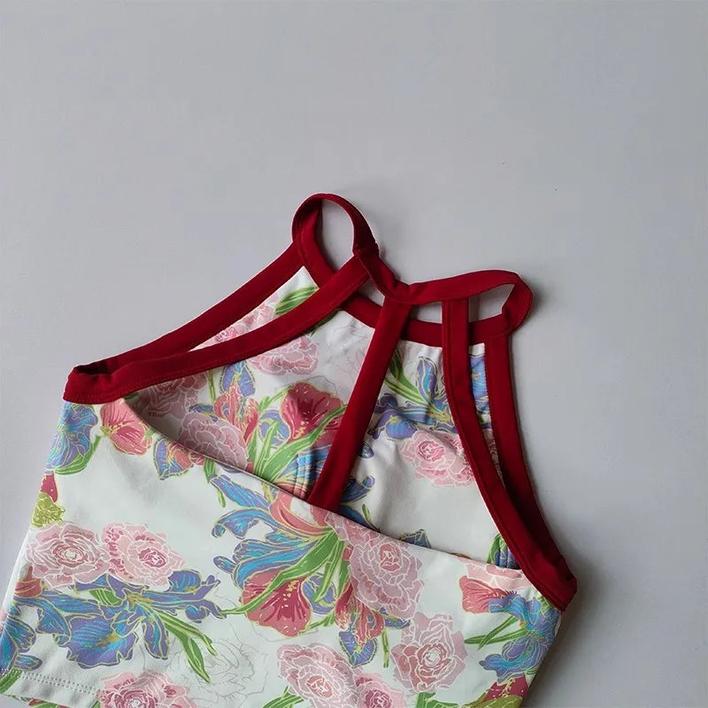 New High-end Yoga Lingerie Women's One-piece Fixed Cup Shock-proof Underwear Gathering Sexy Printed Wide Shoulder Strap Vest