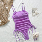 Sexy Purple Shell Print One Piece Swimsuit 2026 Women Pearls Strap Drawstring Side Tummy Control Holiday Bathing Suit Swimwear
