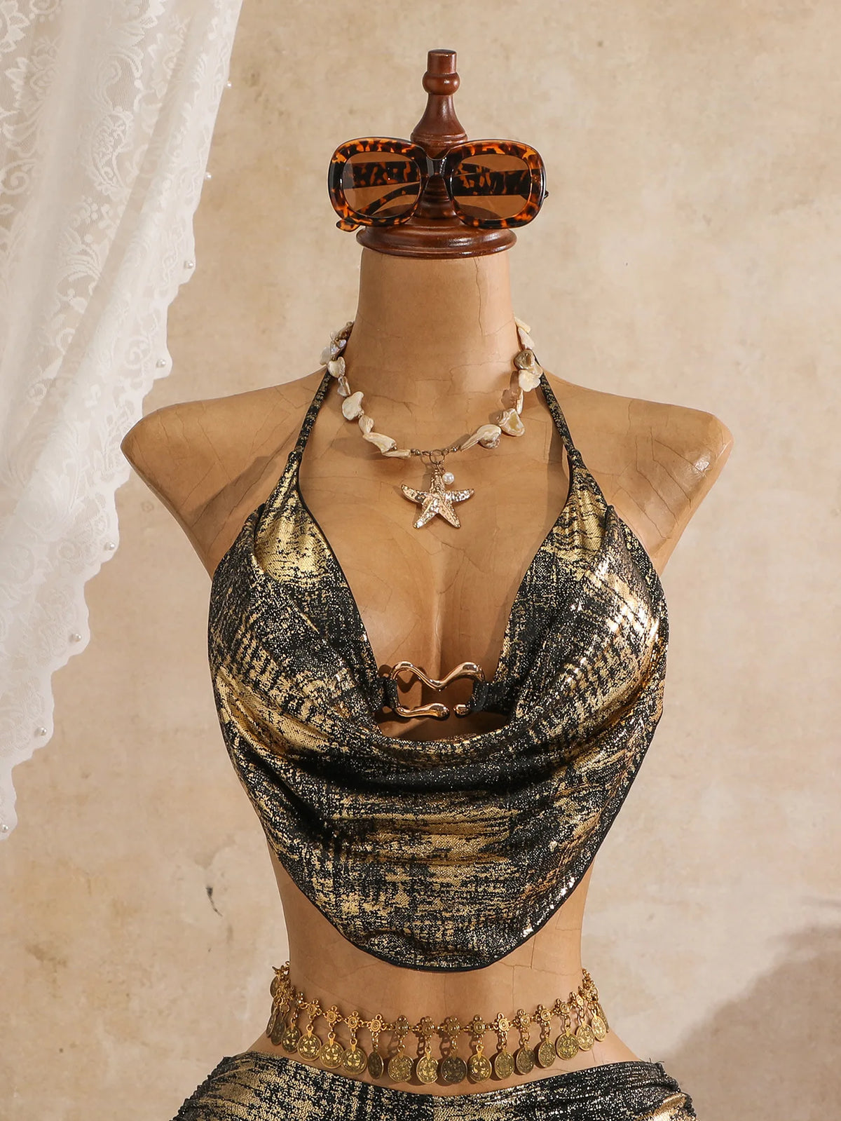 Sexy Hot Stamping Gold Swimwear Women 2026 Collar Split Top Drawstring Side High Waist Bikini Set Summer Bathing Suit Swimsuit