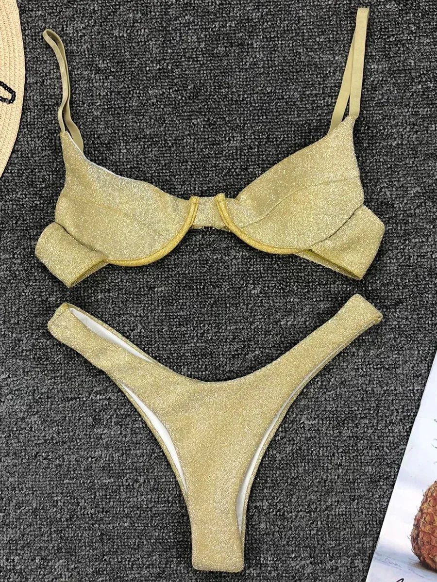 Glitter Shiny Underwired V-Bar Bikini Women Swimsuit Female Brazilian Swimwear Two-piece Bikini Set Triangle Bathing Suit Swim