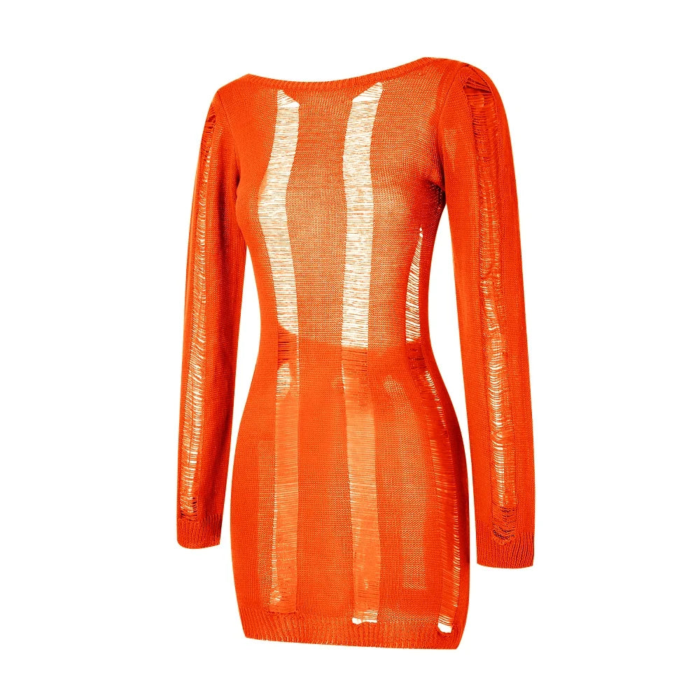 Women Autumn Ripped Knit Dress Long Sleeve Backless Bodycon Mini Dress Summer Fall Club Sexy E-Girl Dresses Female