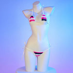 Summer Swimwear Japanese Kawaii PU Leather Micro Bikini Set Women Swimsuit Stripes Bra Set Sexy Lingerie Underwear Costume