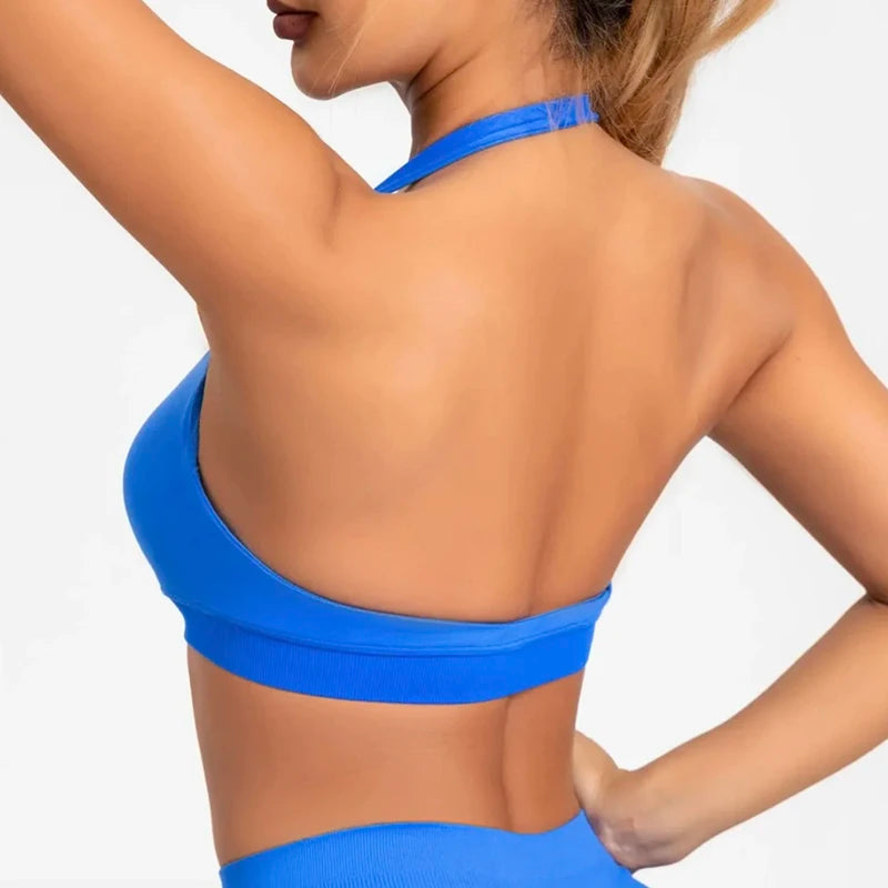 Women's Sexy Backless Yoga Sports Bra Shock-Absorbing Gathered Fitness Bra Beautiful Back Neck Hanging Design