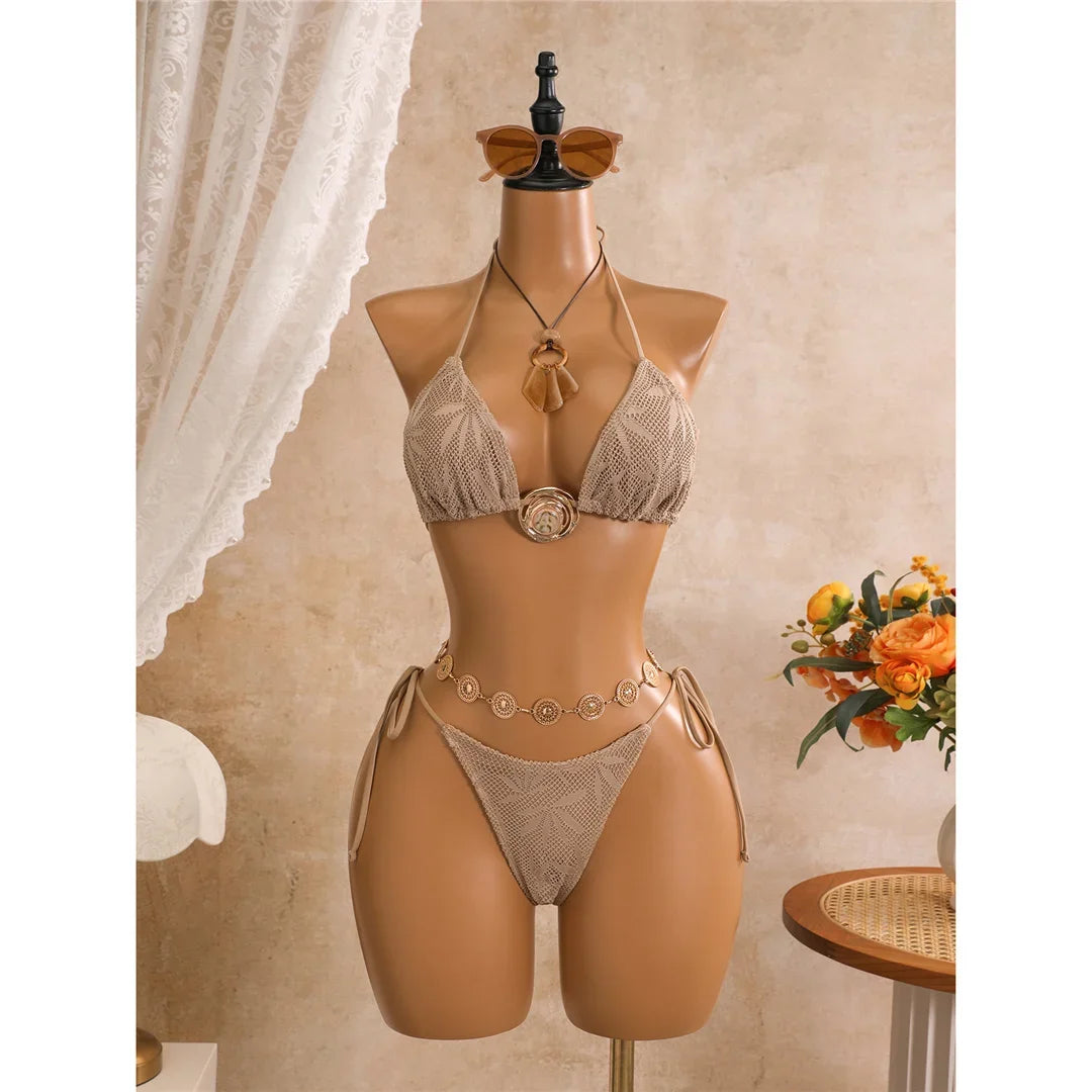 New Leaves Printed Halter Bikini Suit Female Swimsuit Women Swimwear Bather Bathing Suit Swim Three-Pieces Bikini Set