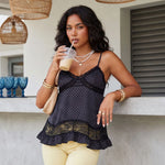 Women's Summer Dot Print Camisole Elegant Lace Patchwork Sleeveless V Neck Slim Fit Spaghetti Strap Tank Tops