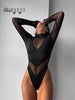 Ahagaga Sexy Mesh Women's Bodysuits See Through Skinny Turtleneck Solid Regular Long Sleeves Slim Fit Streetwear Rompers T Shirt