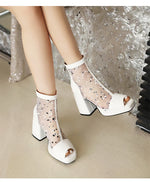 White Polka Dot Mesh Peep Toe Chunky Block Heel Platform Back Zipper Ankle Sandal Boots for Women